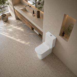 WC monobloc contemporain allongé, à poser au sol, à double chasse (S-Trap/P-Trap), facile à nettoyer, en céramique vitrifiée pour salle de bain - Product Image 6