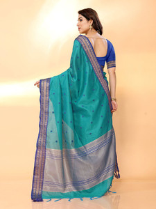 Sari long en soie mélangée bleu à double bordure, avec bordure tissée Zari verte, tenue traditionnelle indienne pour mariage, robe Diwali pour femme, livraison rapide - Product Image 6
