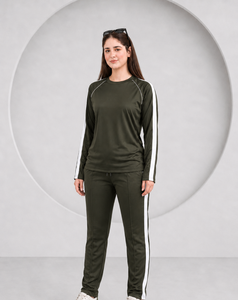 Chándal de Manga Larga Verde Oliva para Mujer con Rayas Blancas, de Secado Rápido, Cuello Redondo Deportivo, Corte Regular, para Primavera - Product Image 4