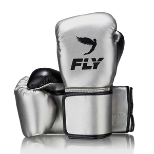 Gants de boxe Fly en cuir véritable de qualité supérieure, noirs et argentés, légers, respirants, professionnels, pour l'entraînement de boxe Fly - Product Image 1