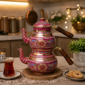 Handmade Turkish Copper Tea Pot <b>Set</b> Hand Painted Enamel Copper Tea Kettle Wooden Handle Traditional <b>Teapot</b> OEM Wholesale - Product Image 3