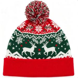 Bonnet en tricot jacquard renne de Noël avec pompon rouge et vert, unisexe, chaud et confortable pour l'hiver - Product Image 3