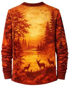 Camisa Henley con estampado de paisaje para hombre, color naranja y rojo atardecer, manga larga, cierre de botones, estilo casual para exteriores, top ligero y moderno - Product Image 2