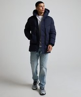 Veste matelassée à capuche bleu marine pour homme, coupe classique, fermeture éclair, coupe-vent, vêtement d'extérieur décontracté d'hiver, rembourrage en polyester