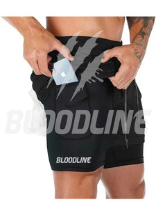 BLOODLINE Men's Black Sport Shorts <b>Mid</b> Waist Elastic Quick Dry Pockets Front Logo Knitted Fabric - Product Image 1