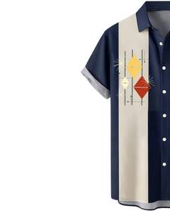 Camisa de Manga Corta con Botones y Estampado Geométrico Retro Azul Marino y Beige, Informal, de Verano, para Hombre, Fabricante OEM, Suministro al por Mayor - Product Image 3