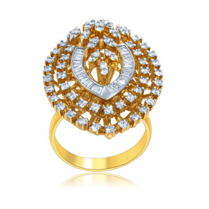Bague de cocktail de luxe en or jaune 18 carats avec diamant en forme de poire, taille baguette et double halo de diamants ronds brillants pour femme - Product Image 1
