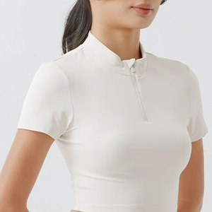 Camiseta de compresión para mujer, corte ajustado, media cremallera, cuello alto, largo recortado, precio bajo, alta elasticidad, poliéster/spandex - Product Image 3