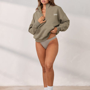 Sweat-shirt oversize pour femme à col zippé, couleur unie, épaules tombantes, en molleton, avec logo frontal, streetwear d'automne - Product Image 2