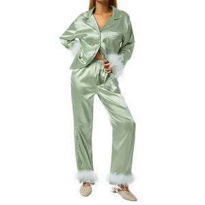 Ensemble de pyjama en satin respirant pour femme, imprimé numérique, manches courtes, col en V, longueur intégrale, taille élastique, tenue de nuit estivale - Product Image 5