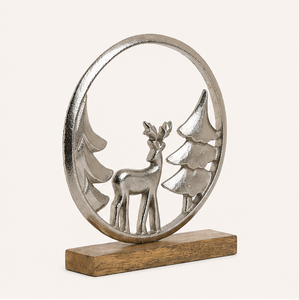 Handmade Modern Silver Aluminium Reindeer Sculpture with Natural Mango Wood Base Elegant Round Frame Christmas <b>Tree</b> Figurine - Product Image 5
