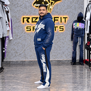 <b>Mens</b> <b>Navy</b> Zip Hoodie Tracksuit Applique Rhinestone Spray Wide Leg <b>Jogger</b> Cotton Fleece Winter Custom Label Set - Product Image 3
