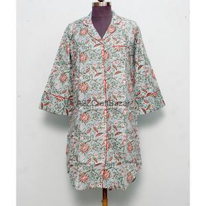 Colorful Floral Block Printed Cotton Midi Boho Straight <b>Bell</b> Sleeve Eco-Friendly Night Sleep Wear Long Shirt Tunic for Women - Product Image 1