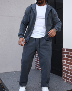 Men's Hooded Sweatshirt Set Gray 100% Cotton French Terry Fabric Breathable Casual Two-Piece Autumn Wear Hooded Two-Piece Set - Product Image 4