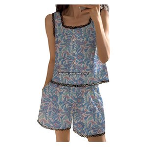 Excellent Quality Print Hand Block Print Lace <b>Trim</b> Shorts Pajama Set Cotton Spring/Summer Floral Sleeveless Pj Set Block Printed - Product Image 5