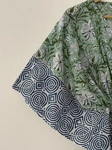 Vestido Kaftan Maxi con Estampado Floral Boho Chic en Color Menta, Cuello en V, Corte Holgado, Algodón, Casual, para Vacaciones y Playa - Product Image 4