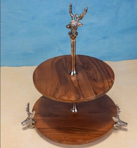 Support de service en bois à 2 niveaux de luxe avec motif cerf – Présentoir décoratif pour desserts, gâteaux et décoration de table - Product Image 4