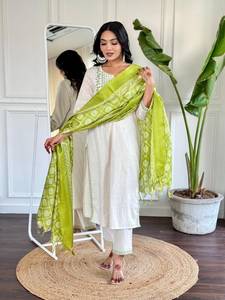 Embroidered Cotton <b>Kurta</b> Dupatta Set Traditional Indian Ethnic Wear for <b>Women</b> Wedding Party Casual Outfit - Product Image 3