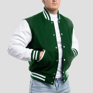 High Quality <b>Men's</b> Green <b>White</b> Varsity <b>Jacket</b> Preppy Style Zipper Closure Regular Fit Autumn Wear Solid Color Turn-down Collar - Product Image 3