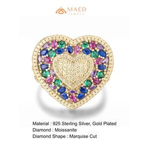 Bague de mariage pour homme en moissanite, style hip-hop, cœur, plaqué or, argent sterling, halo multicolore, bijoux de luxe, cadeau - Product Image 6