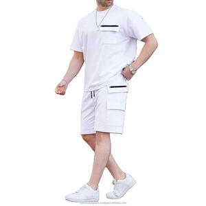 Conjunto de Verano para Hombre, Camiseta de Cuello Redondo y Manga Corta de Color Sólido Informal y Pantalones Cortos con Múltiples Bolsillos, Conjunto de 2 Piezas Moderno para el Día a Día - Product Image 6