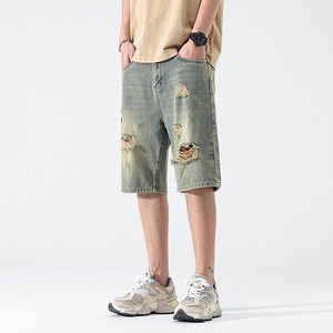 Shorts en jean déchirés et délavés pour homme, coupe droite, taille mi-haute, décontractés, en coton, bleu clair, pour l'été - Product Image 4