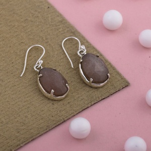 Natural Peach Moonstone Oval Cabochon Drop <b>Earrings</b> 925 Sterling <b>Silver</b> Handmade <b>Dangle</b> <b>Earrings</b> for Women Jewelry Gift - Product Image 1