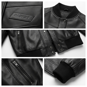 Black <b>Women</b> Genuine <b>Leather</b> <b>Bomber</b> <b>Jacket</b> Custom Panel Stitched Snap Button Ribbed Trim Outerwear OEM Factory Service - Product Image 6