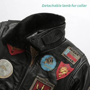 Blouson aviateur en cuir véritable pour homme avec motifs de patchs, doublure en fausse fourrure, fermeture éclair, style moto hiver - Product Image 5