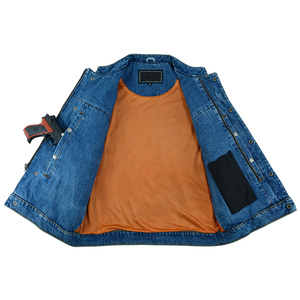 Gilet en jean bleu vintage sans manches pour homme, col montant, double poche poitrine, veste en jean délavée, logo personnalisé, streetwear, gilet en jean OEM - Product Image 2