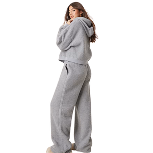 <b>Womens</b> Textured <b>Fleece</b> Hoodie Tracksuit Set Relaxed Pullover Tapered <b>Jogger</b> Trousers Drawstring Waist Casual Two Piece Wholesale - Product Image 2
