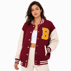 Chaqueta Universitaria Azul Marino y Blanca para Mujer, Manga Larga, Logotipo con Letra P, Cuello Camisero, Largo Regular, Estilo Otoñal - Product Image 3