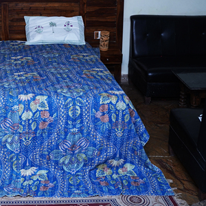 Blue Floral Kantha <b>Quilt</b> Hand Embroidered Cotton <b>Bedspread</b> Reversible Printed Cover for Home Hotel - Product Image 1