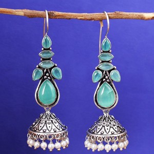 Bulk Order Wholesale <b>Oxidized</b> Silver Green Stone Fashion Dangle Earrings for Women Ready Stock Fast Shipping - Product Image 3