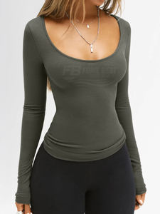 Camiseta de manga larga con cuello redondo para mujer, nuevo estilo, color liso, tejido de punto de poliéster/algodón, transpirable, de secado rápido - Product Image 3