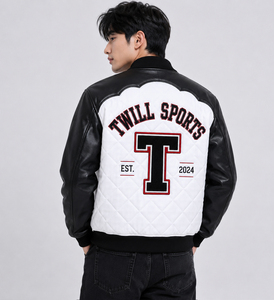 Veste varsity matelassée blanche pour homme, écologique, avec broderie sur le devant, manches en cuir PU noir, coupe-vent, respirante, style preppy - Product Image 4