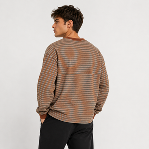 Sweat-shirt à col rond rayé à manches longues avec poche pour homme, tricoté surdimensionné, décontracté, automne, 95% coton, respirant, écologique - Product Image 4