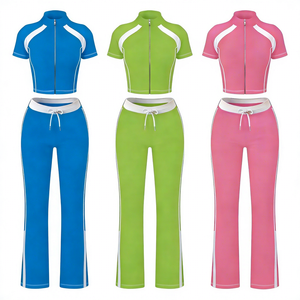 Womens <b>Sets</b> Matching <b>Sets</b> Women Zip up Crop Top Pants Workout Fitness Sporty Color Block Active Wear Tracksuit OEM - Product Image 1