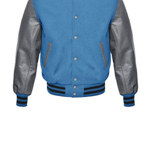 Men's Blue Varsity Jacket With Gray Leather Sleeves Stand Collar Casual Autumn Wear - Product Image 5