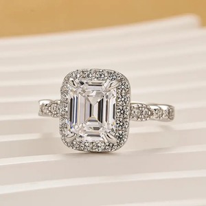 925 Moissanite Luxury Halo Emerald Cut <b>Simulated</b> <b>Diamond</b> Engagement Ring in White Gold Plated Moissanite Ring for Wholesale. - Product Image 3