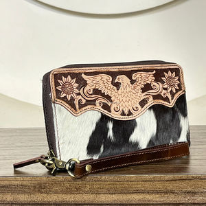 Custom Western Cowhide <b>Leather</b> Wallet Hand <b>Tooled</b> <b>Leather</b> Eagle Design Wristlet Zipper Wallet OEM ODM Ladies Clutch Organizer - Product Image 4