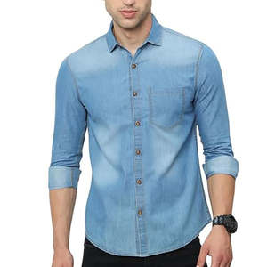 Camisa de mezclilla azul claro premium para hombre, corte ajustado, tela transpirable de larga duración, informal, de manga larga, con botones. - Product Image 6