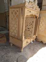 Temple en bois artisanal pour la maison avec des sculptures complexes et le symbole Om, Mandir traditionnel hindou pour la prière avec tiroir de rangement