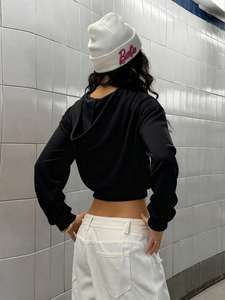 Cardigan court à capuche pour femme, style coréen, ample, avec fermeture éclair et strass, à manches longues - Product Image 3