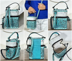 2026 New Arrival Turquoise Floral Tooled Leather Makeup Organizer Luxury Hairon Leather Top Handle Crossbody Travel Cosmetic Bag - Product Image 3