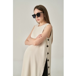 Vestidos Casuales de Verano sin Mangas, Tejidos en Poliéster, Spandex y Algodón, Transpirables, con Botones al Frente, Elegantes, Minimalistas, con Cuello Redondo - Product Image 1