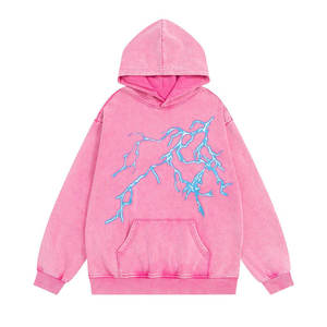 เสื้อฮู้ดสีชมพูแบบกำหนดเองสำหรับผู้ชาย สไตล์วินเทจ ล้างสีแบบ Mineral Acid Wash ทรงโอเวอร์ไซส์ สตรีทแวร์ ลายกราฟิก พิมพ์ลายไฟฟ้า ผ้าฟลีซ ฮิปฮอป - Product Image 1