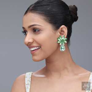 PRAO's Radiant <b>Green</b> Crystal Pear Cut Danglers Fine Dangle Earrings - Product Image 3