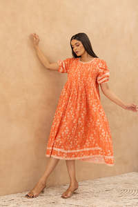 Robe midi en mousseline de soie à imprimé floral orange avec ceinture, col rond, coupe évasée, robe d'été décontractée, robe élégante et magnifique, confortable - Product Image 5