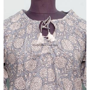 เดรสแฟชั่นลำลองทรงวินเทจผ้าฝ้ายแท้ 100% สำหรับผู้หญิง ตกแต่งกระดุมทำมือ แขนครึ่งตัว ความยาวมินิ ลายธรรมชาติ ขายส่ง - Product Image 2